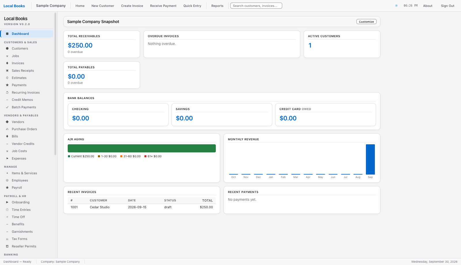Local Books dashboard showing receivables, payables, bank balances and recent invoices for a sample company.